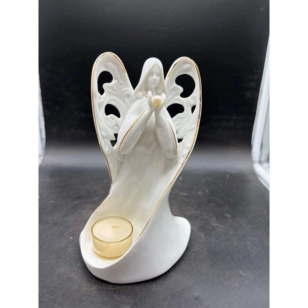 Fine Porcelain Praying Angel Tea Light Candle Holder White Gold Trim 7.5 Inch